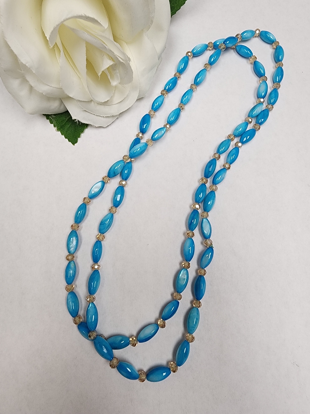 Blue Glass Beaded Necklace With Cream Faceted Crystal Glass Beads 32"